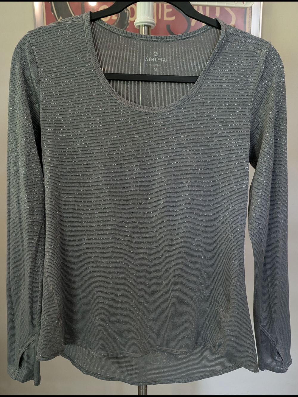 $13 Athleta Size M Shimmer Chi Long Sleeve Top Gray Silver Metallic Sparkle EUC